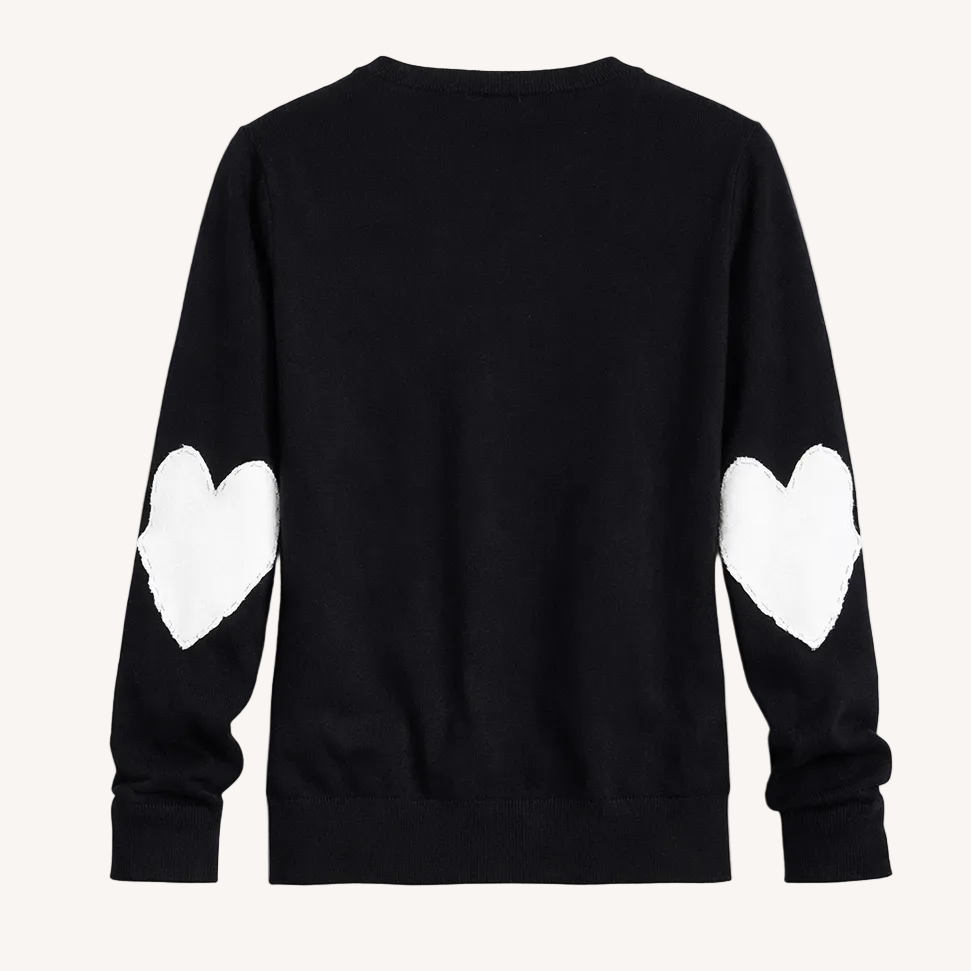 Patchwork cotton black pullover sweater in cotton cashmere blend with heart elbow patches - Shop women's pullover sweaters by Kerri Rosenthal