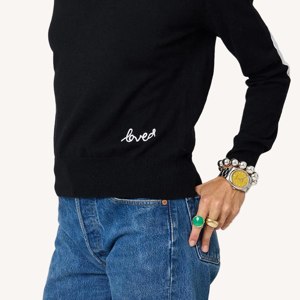 Patchwork cotton black pullover sweater in cotton cashmere blend with 'Loved' artwork - Shop women's pullover sweaters by Kerri Rosenthal