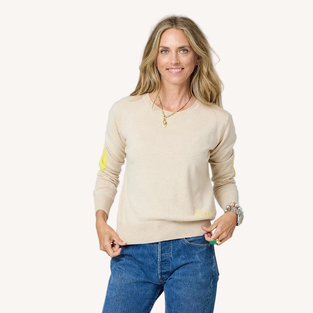 Patchwork cotton camel pullover sweater in cotton cashmere blend with heart elbow patches and 'Loved' artwork - Shop women's pullover sweaters by Kerri Rosenthal