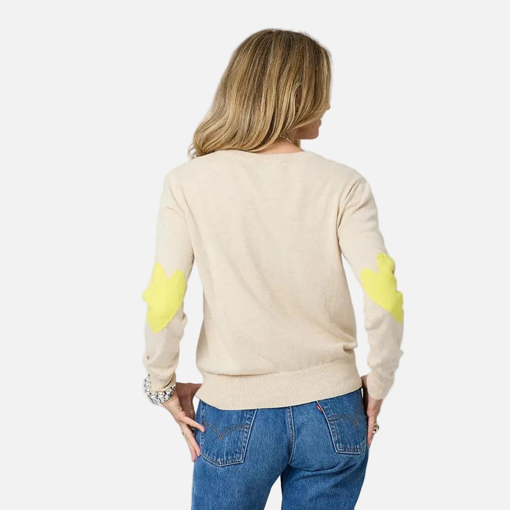 Patchwork cotton camel pullover sweater in cotton cashmere blend with heart elbow patches - Shop women's pullover sweaters by Kerri Rosenthal