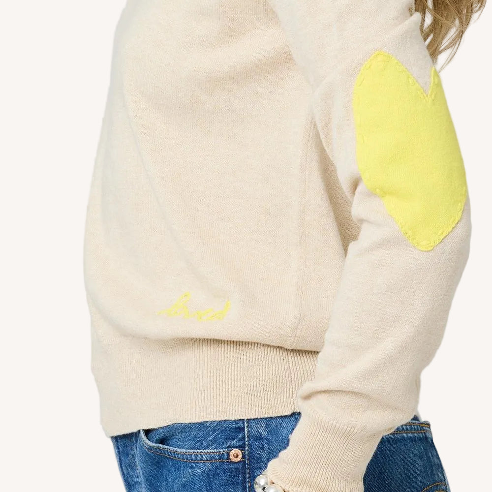 Patchwork cotton camel pullover sweater in cotton cashmere blend with heart elbow patches and 'Loved' artwork - Shop women's pullover sweaters by Kerri Rosenthal
