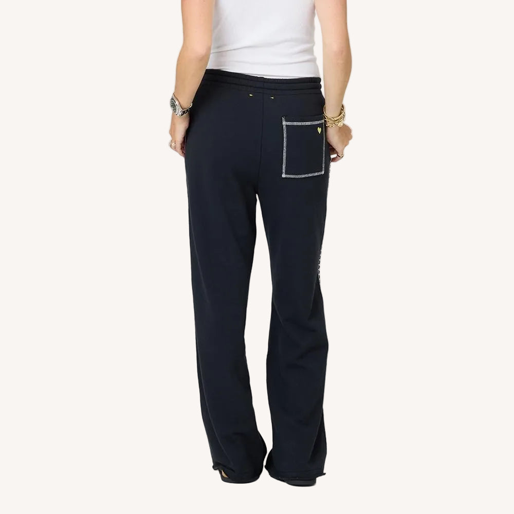 Weekend barb heart tape black sweatpant in 100% cotton loop terry with heart side stripe - Shop women's cute sweatpants by Kerri Rosenthal
