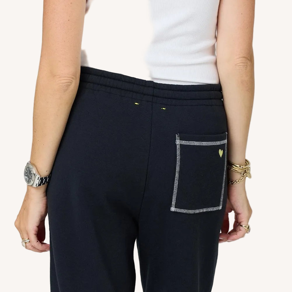 Weekend barb heart tape black sweatpant in 100% cotton loop terry with heart side stripe - Shop women's cute sweatpants by Kerri Rosenthal