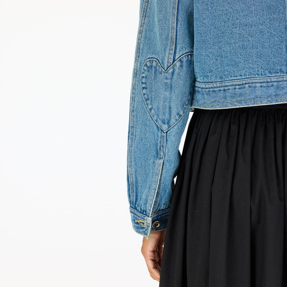Womens double-breasted blue cotton denim jacket with heart elbow patches by Kerri Rosenthal