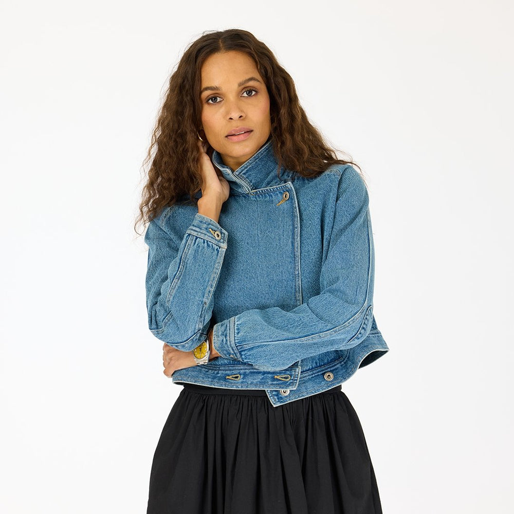 Double-breasted blue cotton denim jacket with heart elbow patches - Shop women's cute denim jackets by Kerri Rosenthal