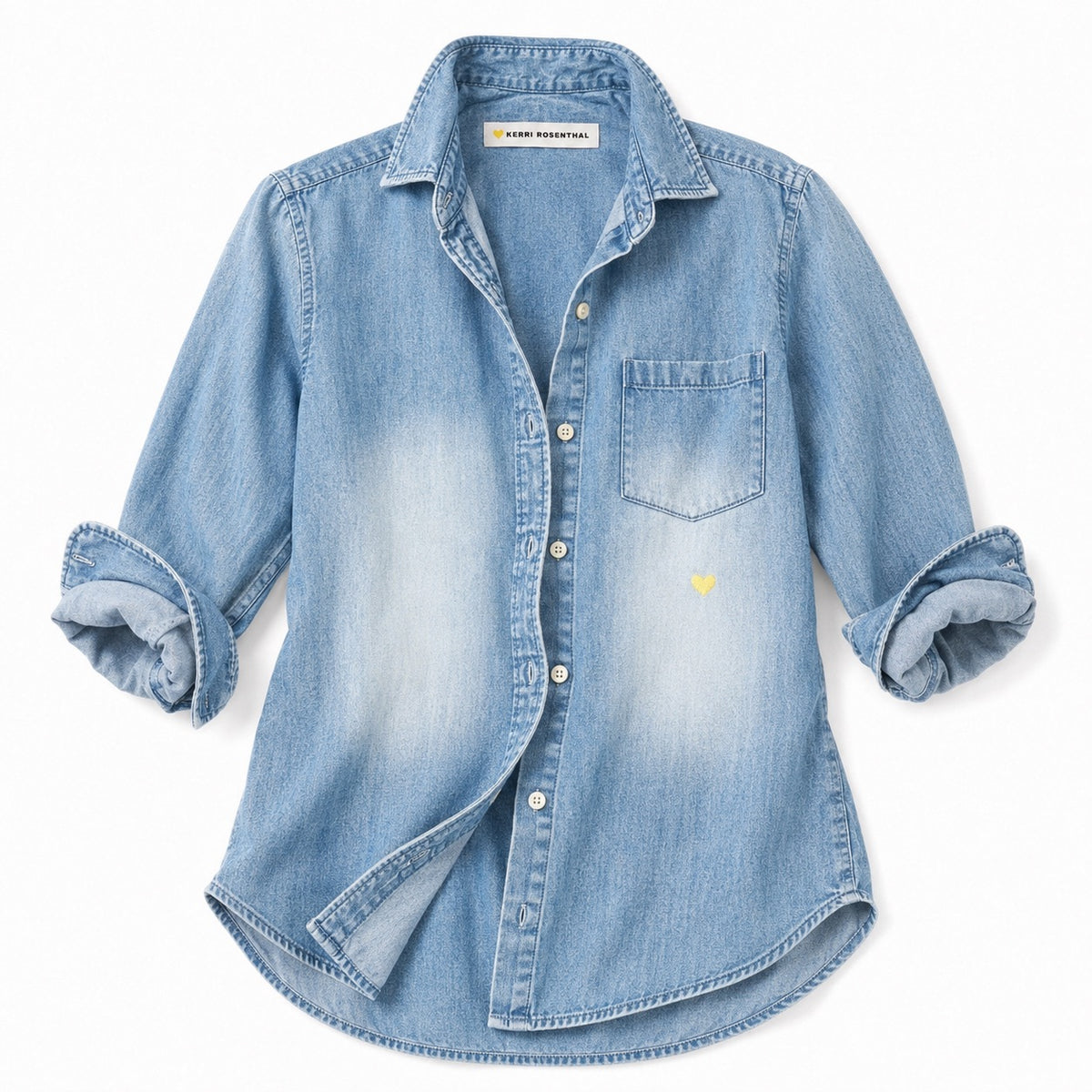 Blue denim long sleeve button-up shirt with heart elbow patches. Cute designer shirts by Kerri Rosenthal