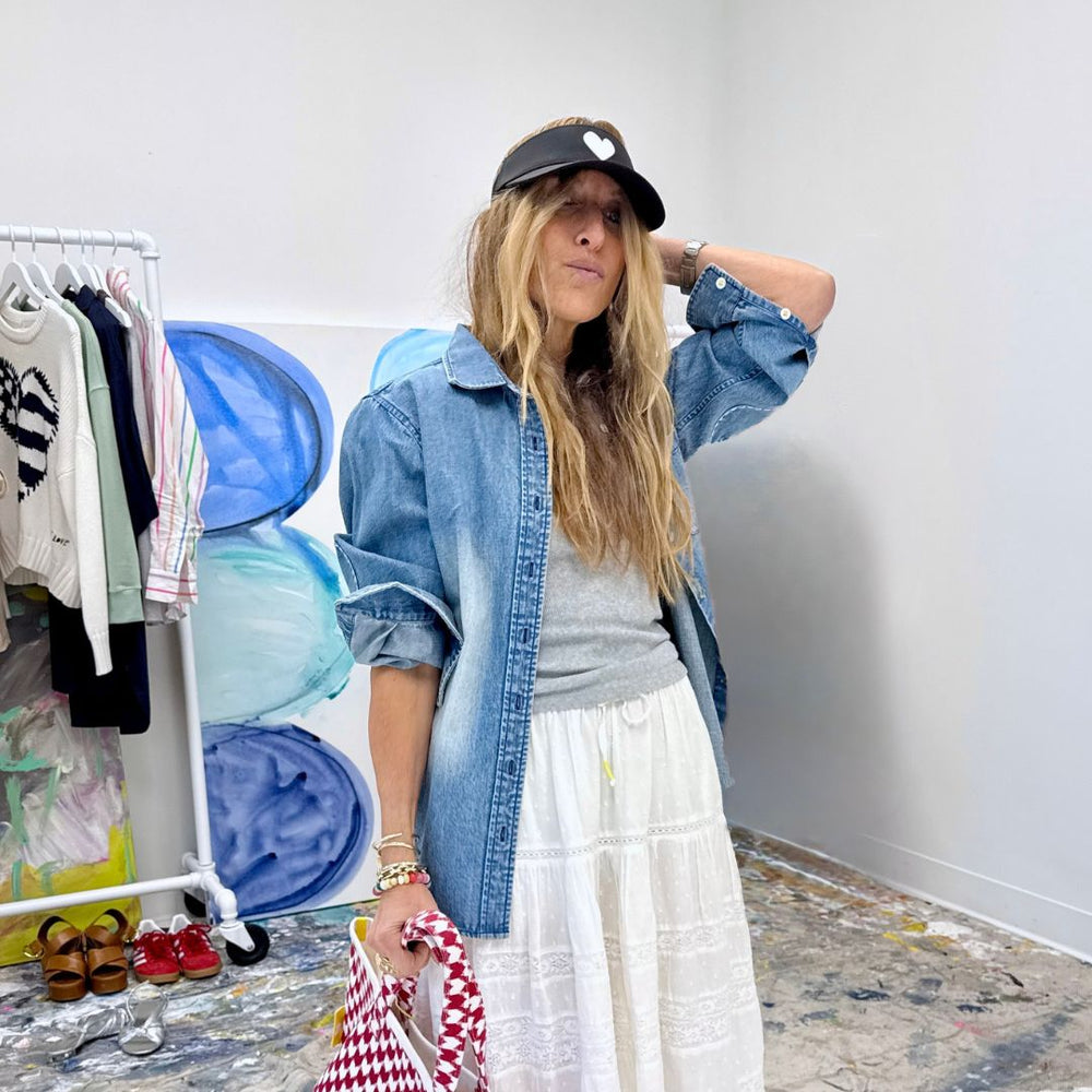 Blue KR lightweight denim button-up shirt - Cute women's shirts by Kerri Rosenthal 