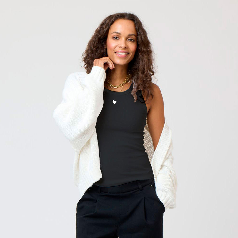 The KR black tank top in a cotton blend with a tiny embroidered heart - Shop cute women’s tank tops by Kerri Rosenthal