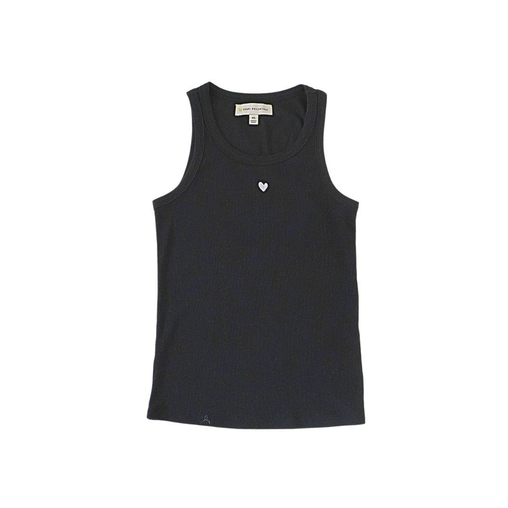 The KR black tank top in a cotton blend with a tiny embroidered heart - Shop cute women’s tank tops by Kerri Rosenthal
