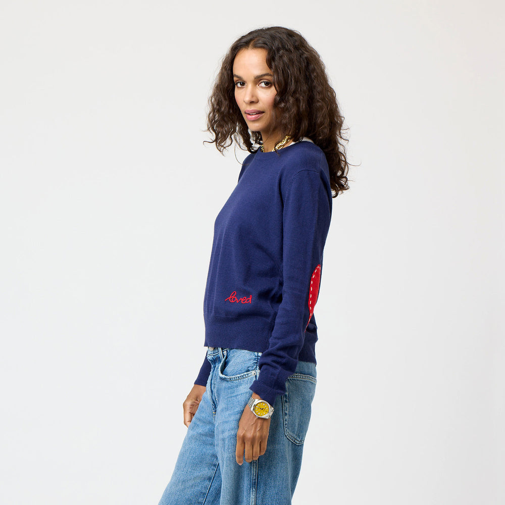 Indigo Patchwork Crew Neck Sweater with imperfect heart patches on elbows in a soft cotton-cashmere blend. Cute women's sweaters by Kerri Rosenthal