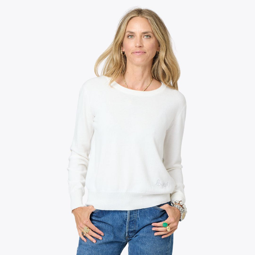 Patchwork crewneck white sweater with imperfect heart elbow patches cotton cashmere blend - Cute women's sweaters by Kerri Rosenthal