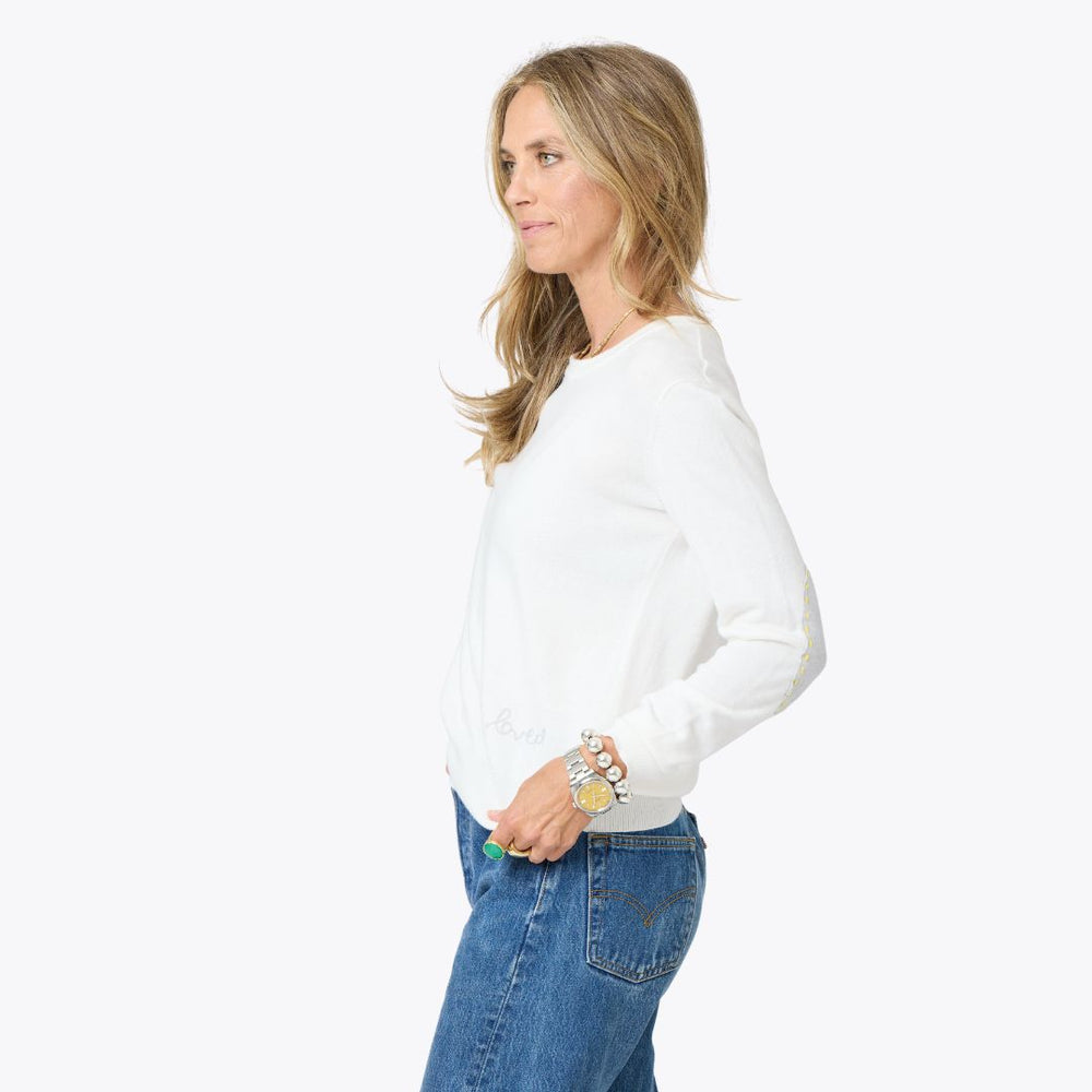 Patchwork crewneck white sweater with imperfect heart elbow patches cotton cashmere blend - Cute women's sweaters by Kerri Rosenthal