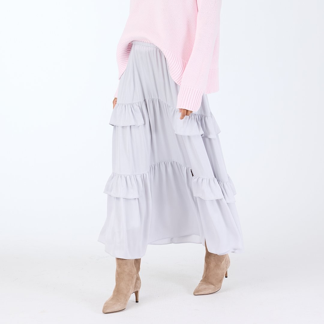 Athena Grey Tiered Ruffle Satin Maxi Skirt – KERRI ROSENTHAL