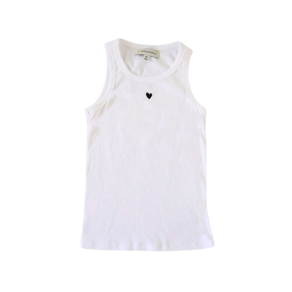 KR Tank is the perfect lightweight white tank top for year-round. Made of cotton spandex, embroidered heart at center front - cute tops Kerri Rosenthal