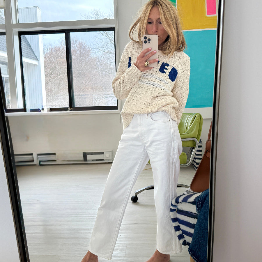 Boyfriend loved natural cotton sweater with blue 'Loved' artwork and white billie alabaster mid-rise straight leg jean - Cute women's sweaters by Kerri Rosenthal