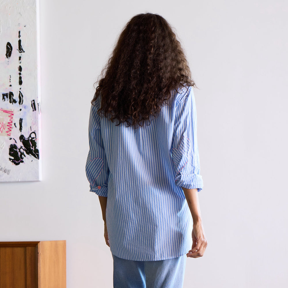 Mia stripe light blue cotton button-up shirt with long sleeve, tiny pink heart and elbows patchwork - Cute women's designer staple shirts by Kerri Rosenthal