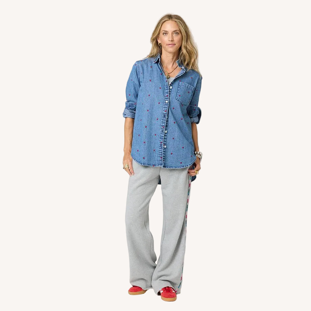 Mia Tiny Hearts button-front blue shirt in 100% cotton denim with 'Tiny Hearts' artwork.