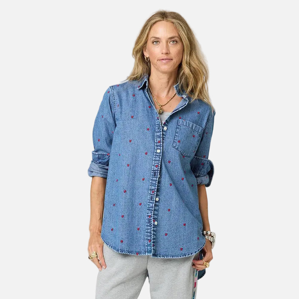 Mia Tiny Hearts button-front blue shirt in 100% cotton denim with 'Tiny Hearts' artwork - Shop women's button-front shirts by Kerri Rosenthal