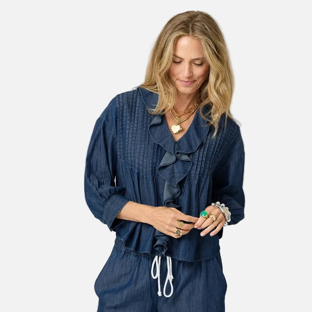 Rosen denim ruffles blue blouse top in 100% cotton with pintuck front - Shop women's cute ruffle tops by Kerri Rosenthal