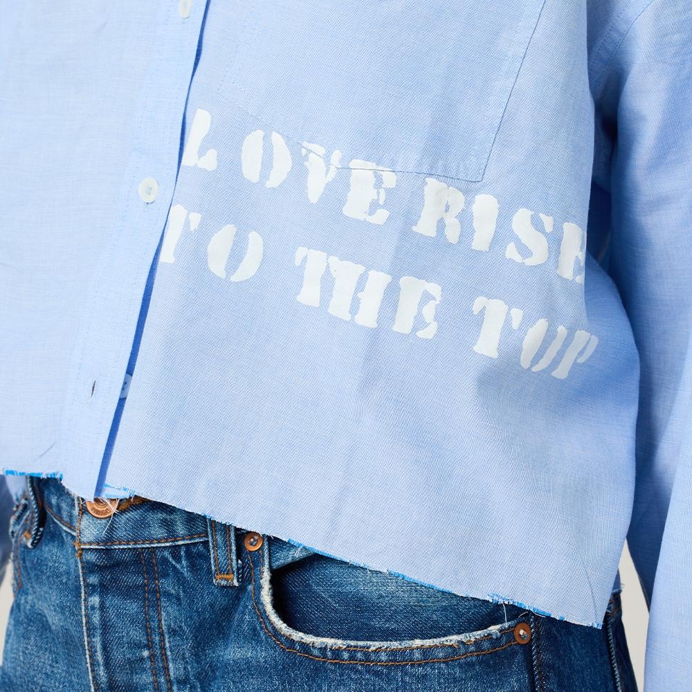 Tia love rises cropped button-down blue shirt in 100% cotton poplin with stamped art by Kerri Rosenthal