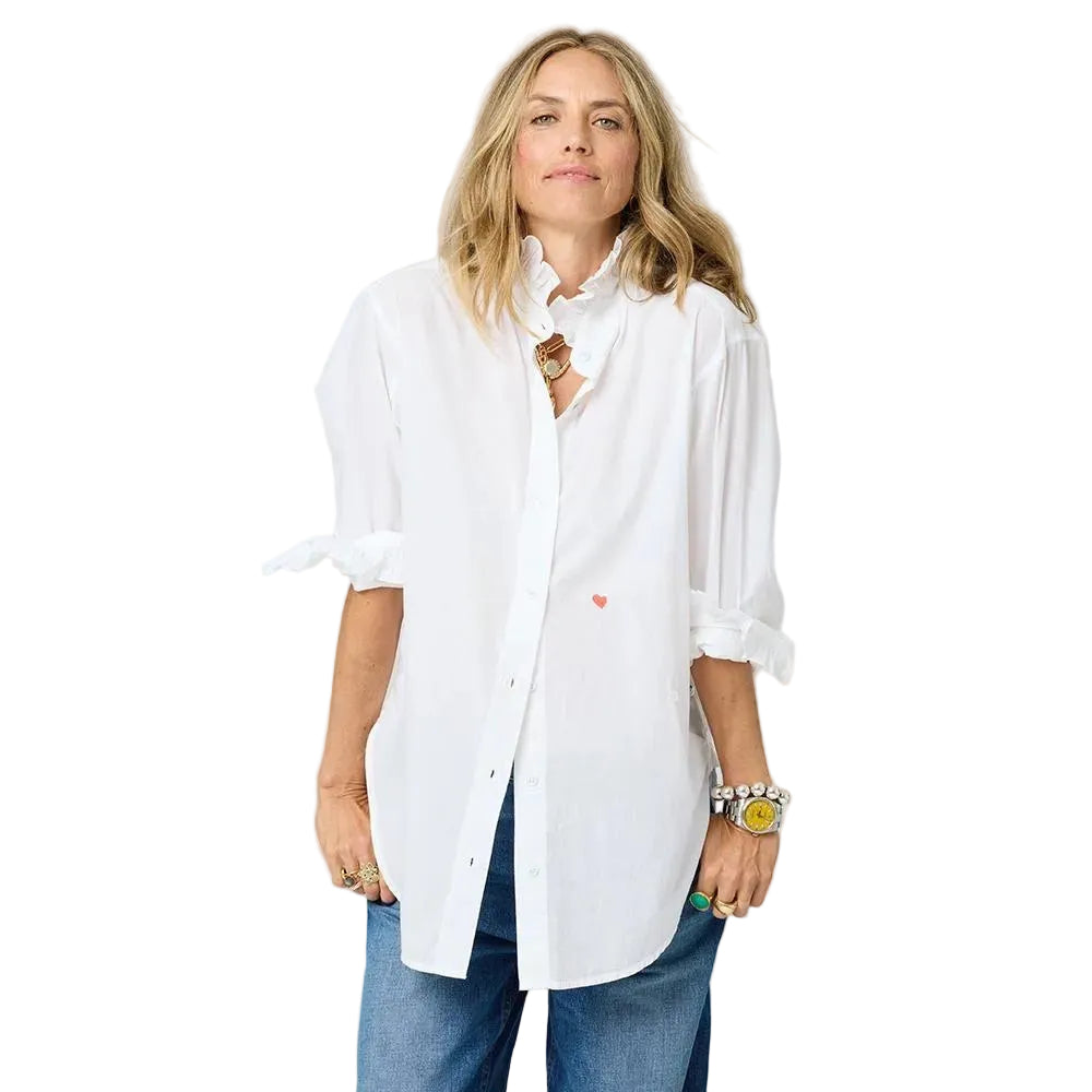 Mia ruffle button-down white shirt in 100% cotton with a tiny heart and ruffle neck - Shop women's button-up shirts by Kerri Rosenthal
