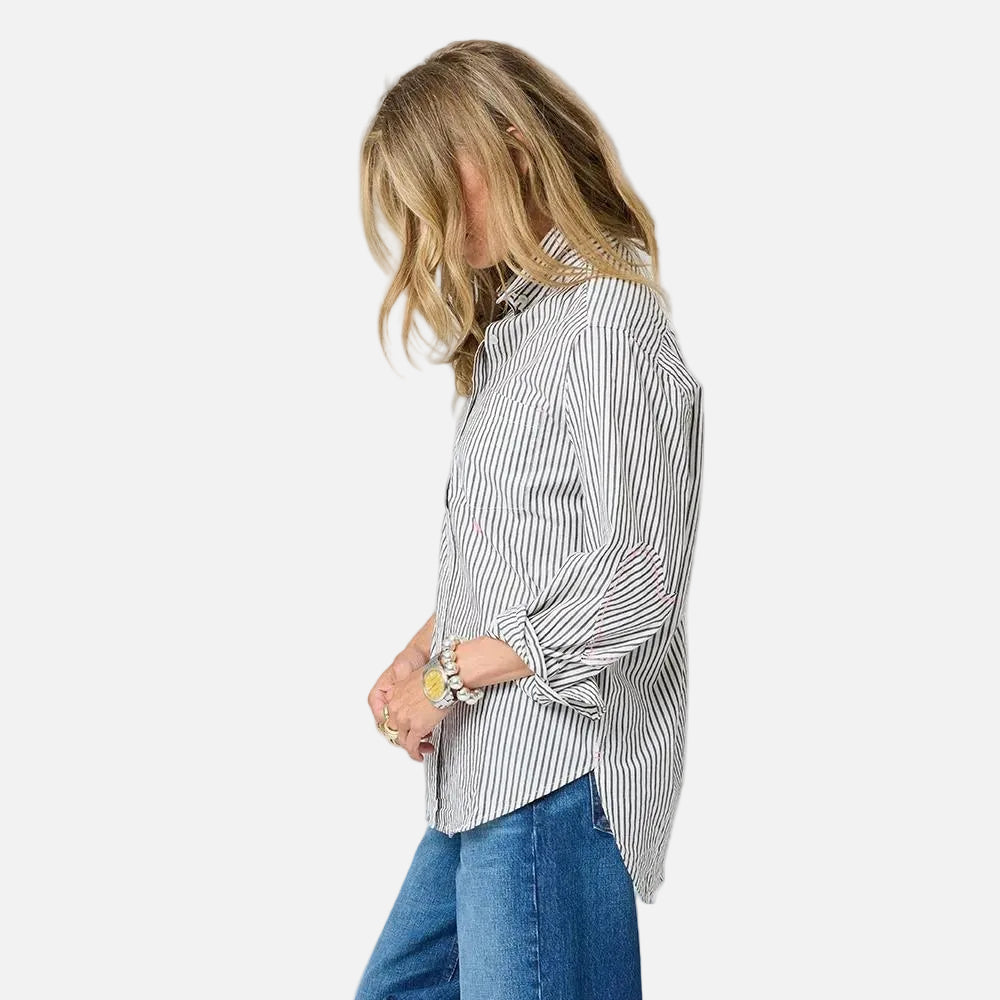 Mia black and white stripe shirt in 100% cotton with heart elbow patches - Cute button up cotton shirts by Kerri Rosenthal