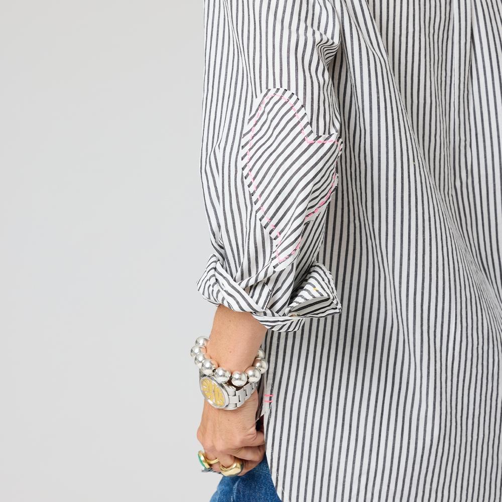 Mia button-front black and white stripe shirt in 100% cotton with heart elbow patches by Kerri Rosenthal