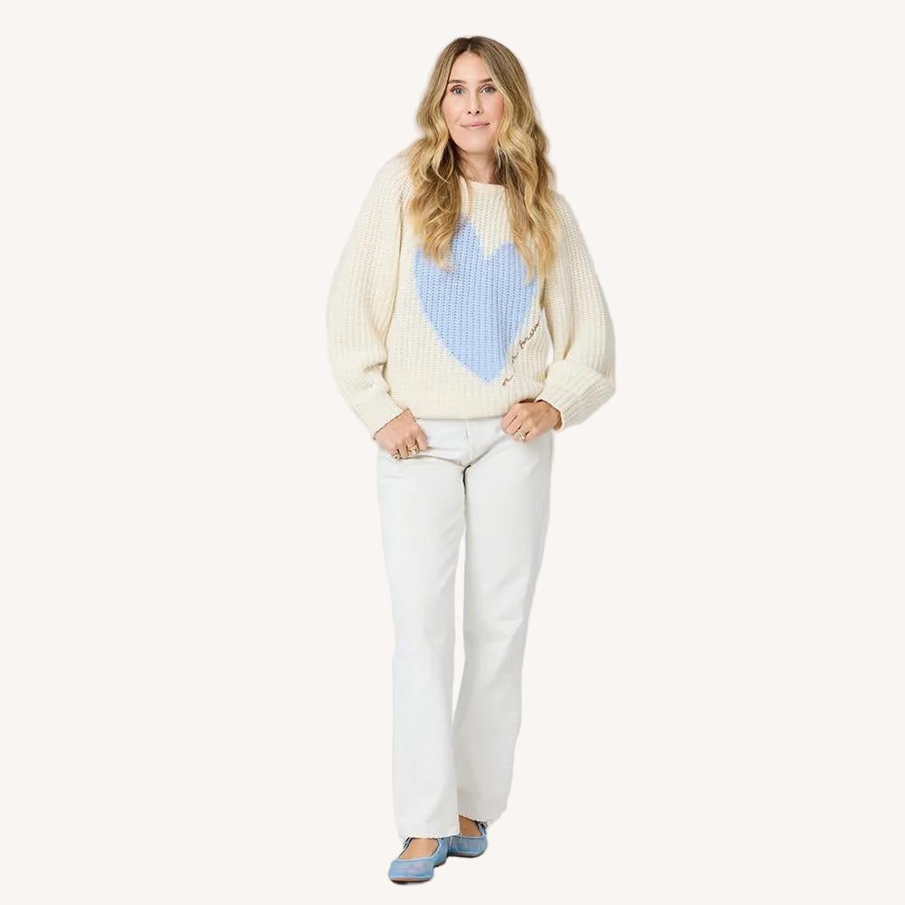 Ricki Imperfect Heart cream sweater in 100% ribbed cashmere with light blue heart artwork - Cute women's designer sweaters by Kerri Rosenthal.