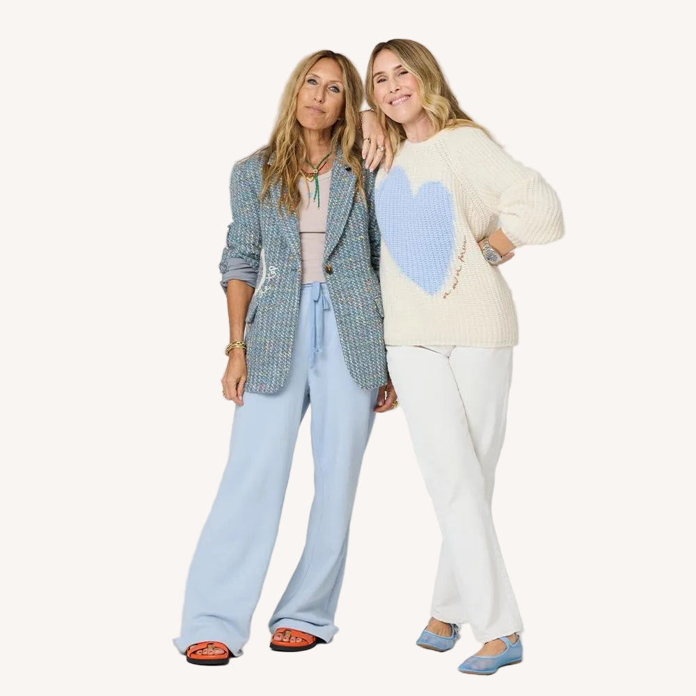 Ricki Imperfect Heart cream sweater in 100% ribbed cashmere with multicolor blazer jacket by Kerri Rosenthal