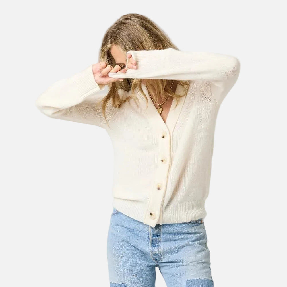 Pretty little button-front cream cardi in 100% cashmere with V-neck - Shop women's cute cardigans by Kerri Rosenthal