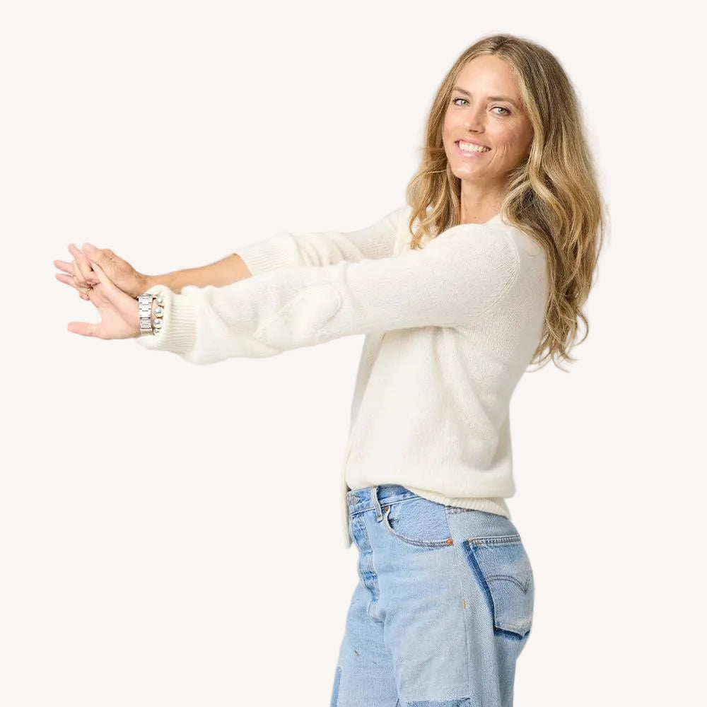 Pretty little button front cream cardi in 100% cashmere with V-neck and tonal heart elbows - Shop women's cardigans by Kerri Rosenthal
