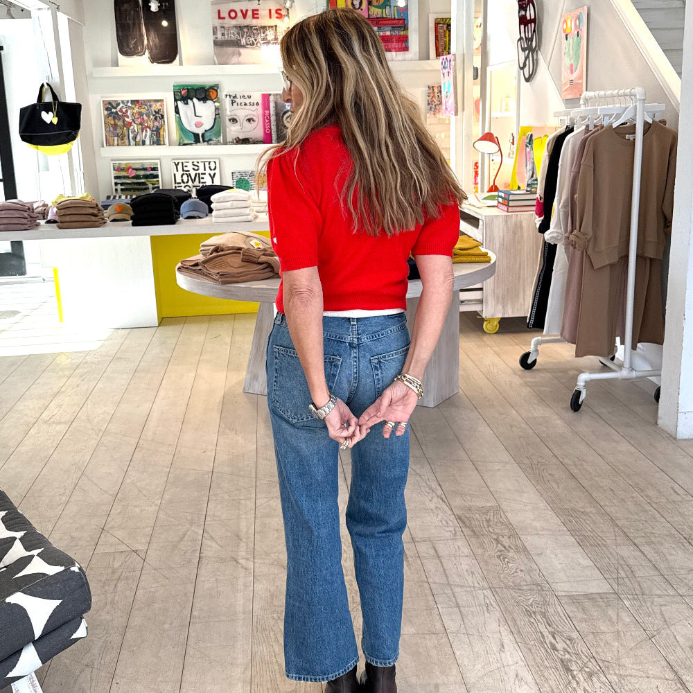 Red puff short-sleeve button-front cashmere cardi - Shop women's cute cropped cardigans by Kerri Rosenthal