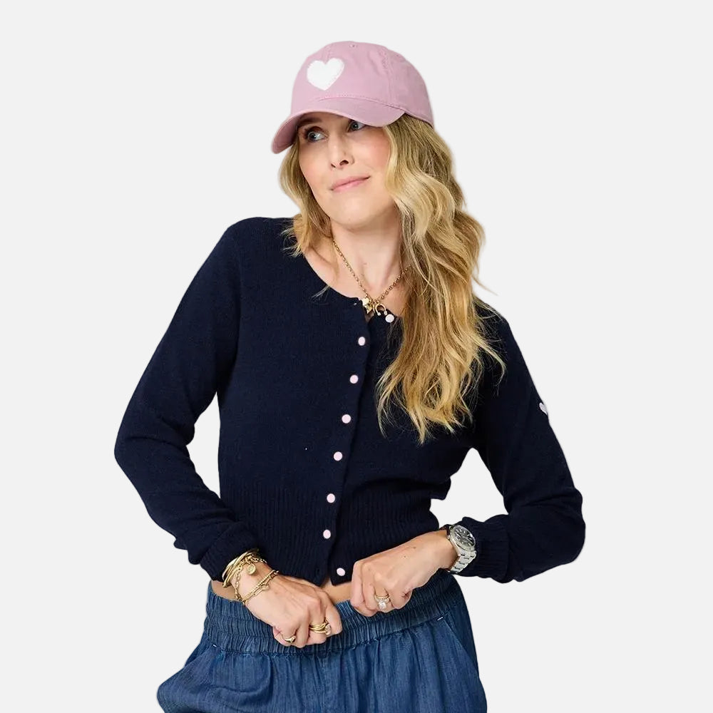 Charmed indigo blue button-down cashmere cardi with pink baseball cap hat - Shop women's cute cardigans by Kerri Rosenthal
