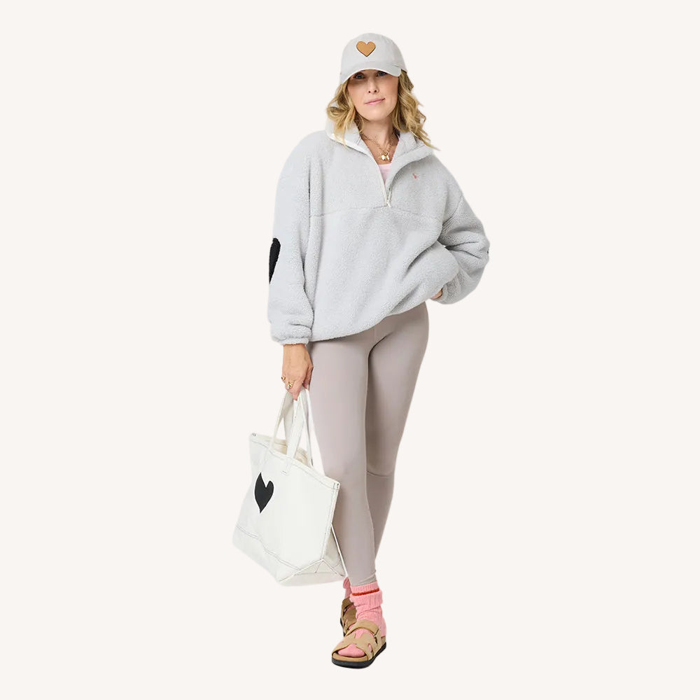 The quarter zip coze magoze light grey teddy pullover with black heart elbow patches- Shop women's jackets by Kerri Rosenthal