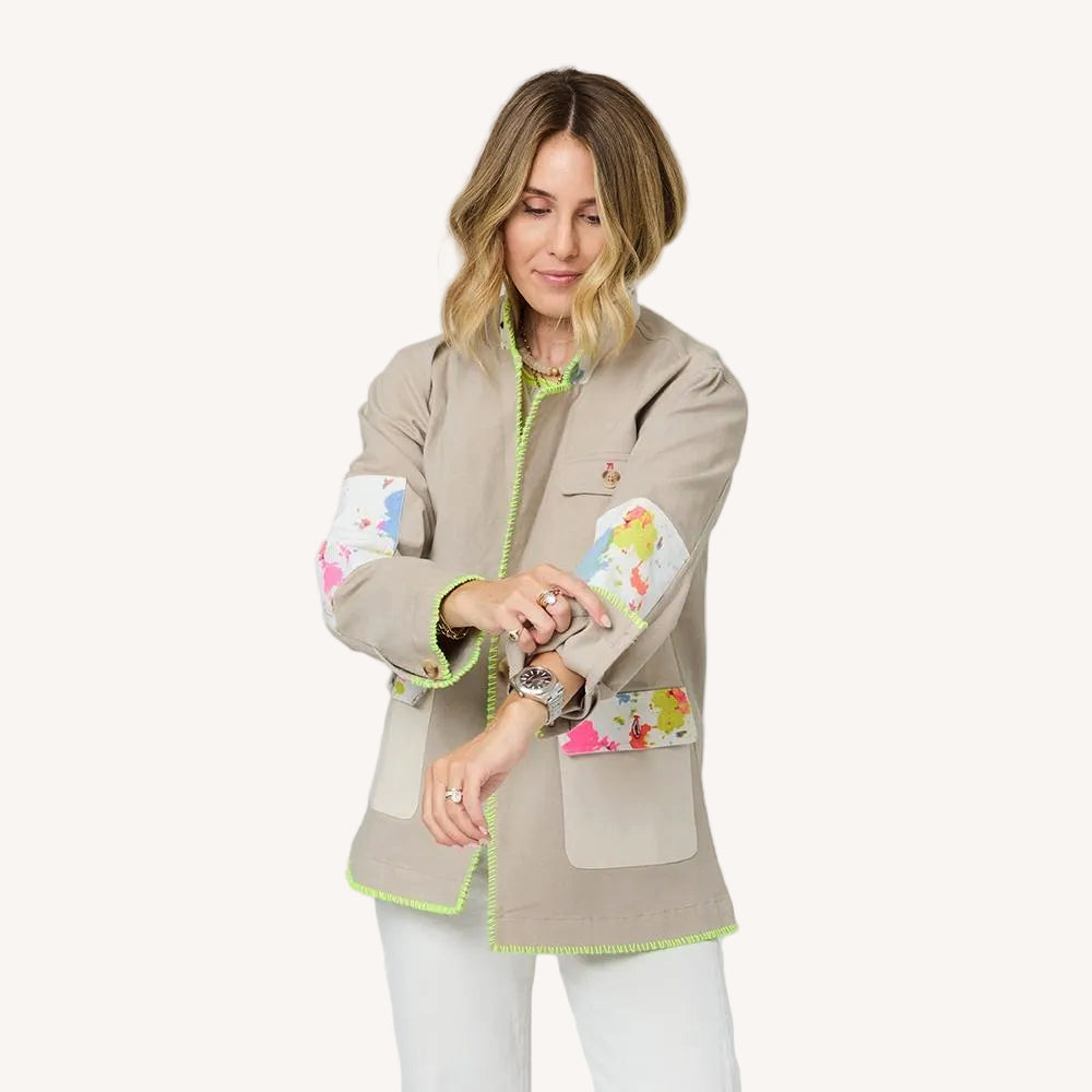 The Barn beige blazer jacket in cotton blend with elbow patches and Kerri's paint-splat artwork by Kerri Rosenthal