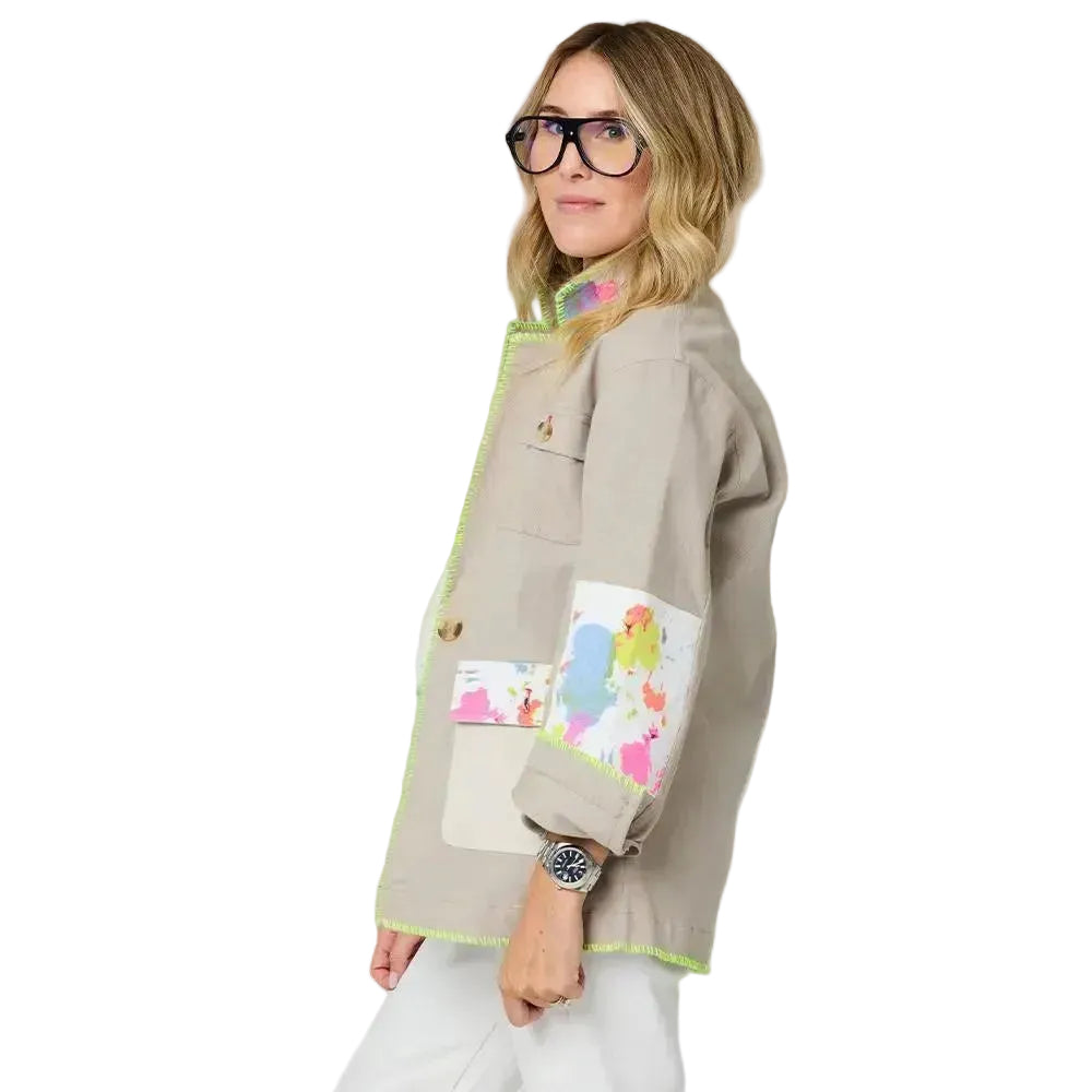 Barn beige blazer jacket in cotton blend with elbow patches and Kerri's paint-splat artwork - Cute blazers by Kerri Rosenthal