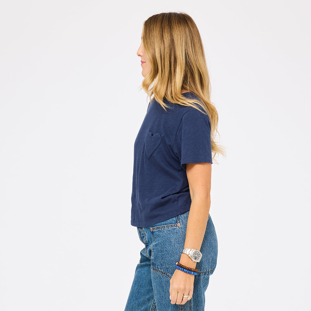 Side View Navy Imperfect Heart Slub Tee by Kerry Rosenthal with denim