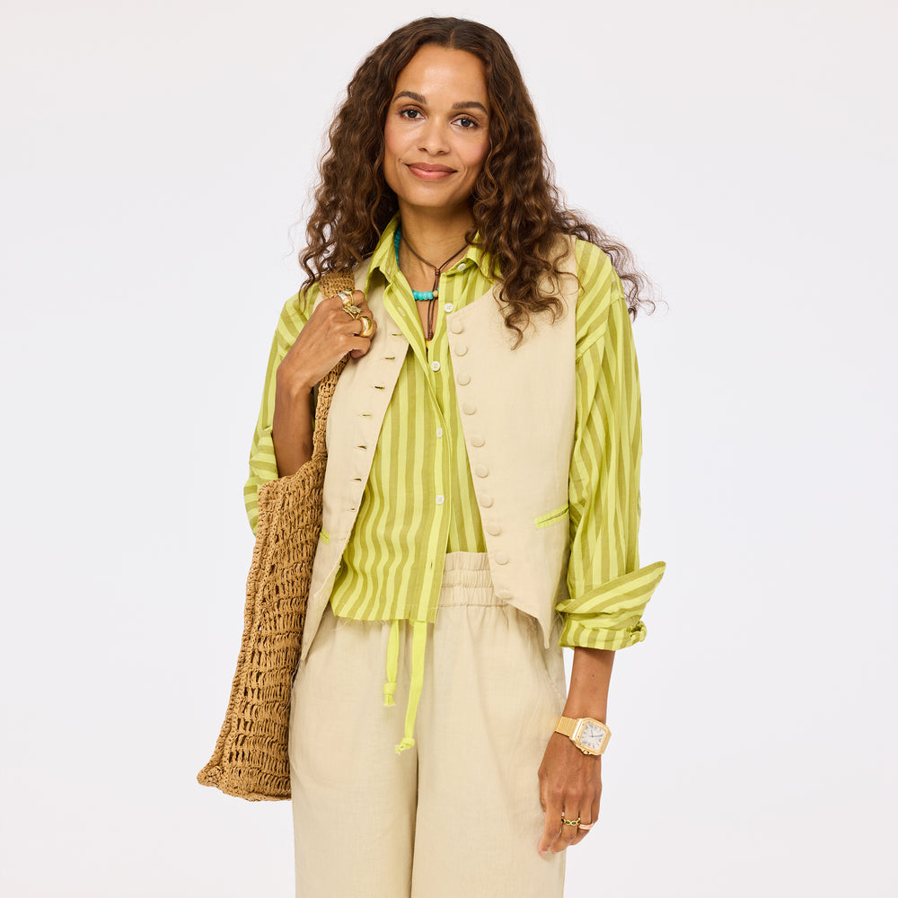 Tia faded green striped shirt in 100% cotton with cropped button-down - Shop women's cotton shirts by Kerri Rosenthal