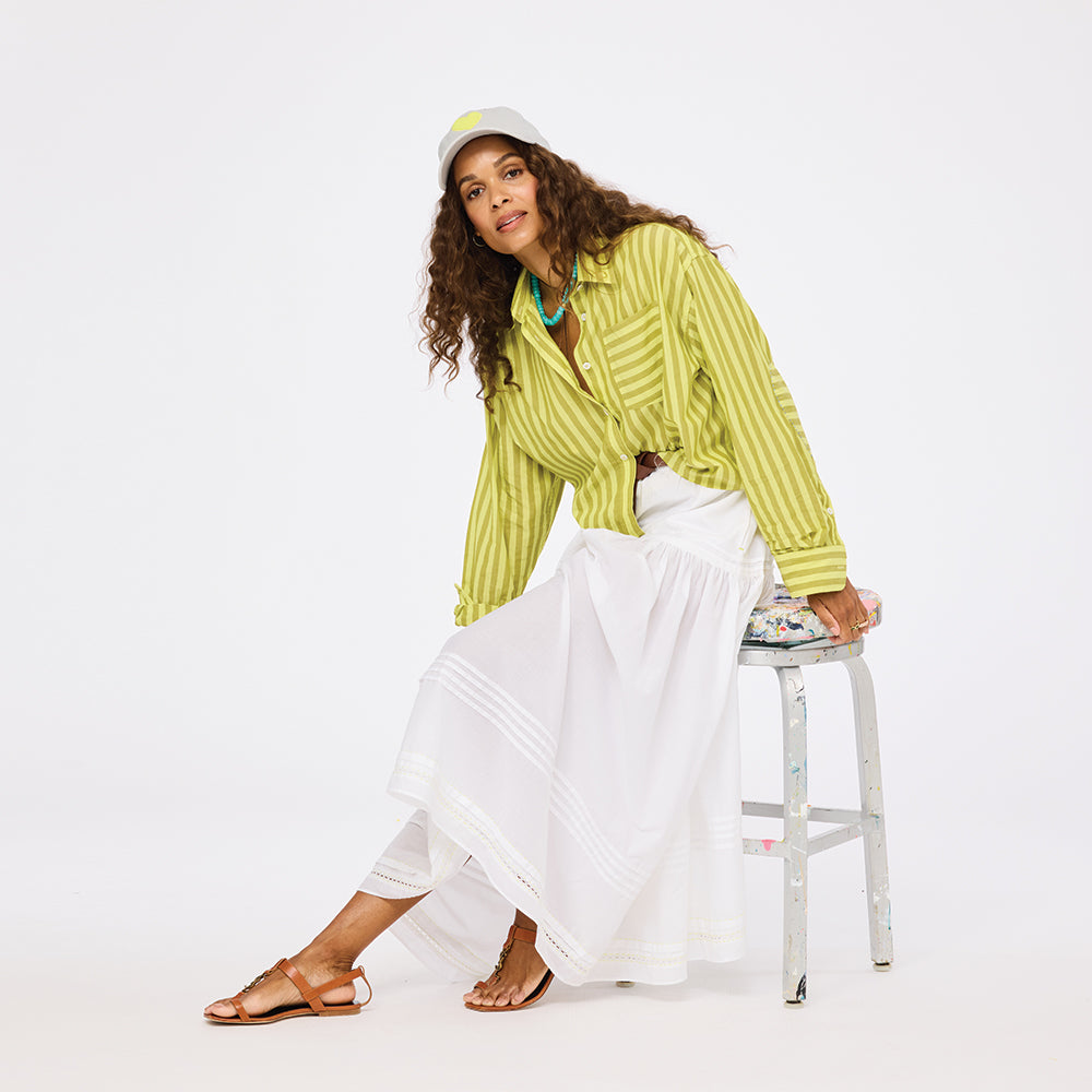 Vacance pintuck long white skirt in cotton with green striped shirt - Shop women's cute maxi skirts & shirts by Kerri Rosenthal