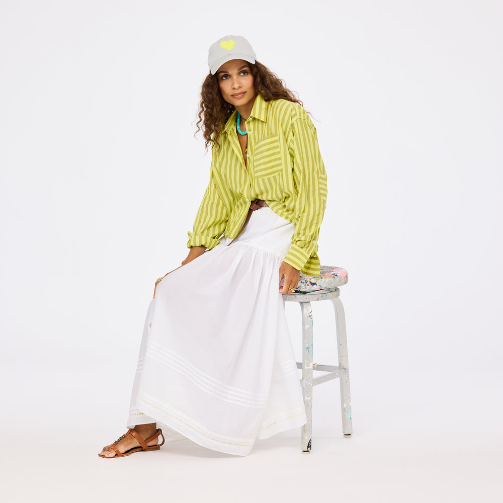 Tia faded stripe lime green shirt in 100% cotton with white long maxi skirt by Kerri Rosenthal
