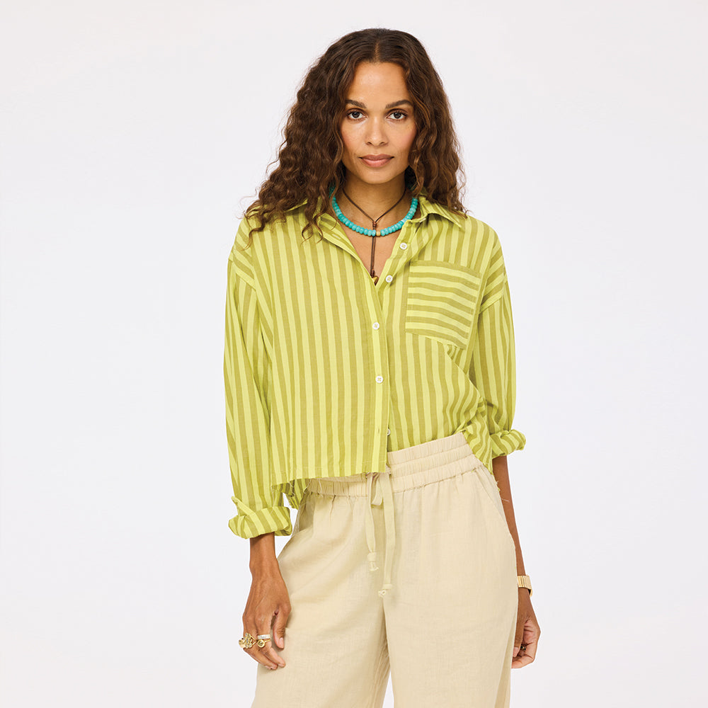 Tia faded stripe lime green shirt in cotton with cropped button-down - Shop women's cotton shirts by Kerri Rosenthal