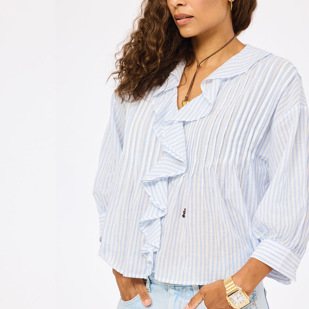 Rosen light blue blouses with ruffles in 100% cotton - Shop women's cute light blue tops and blouses by Kerri Rosenthal