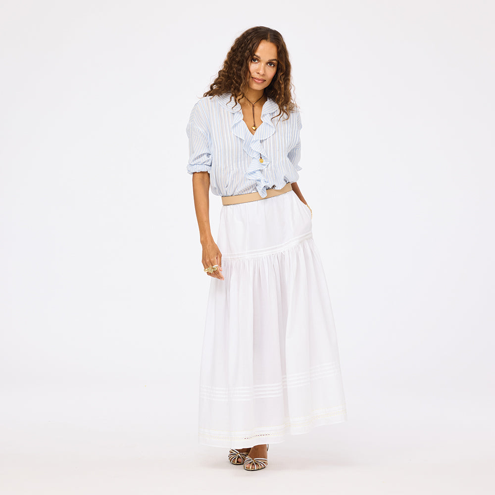 Rosen light blue blouse in 100% cotton with cotton maxi skirt - Shop women's cute ruffled blouses by Kerri Rosenthal