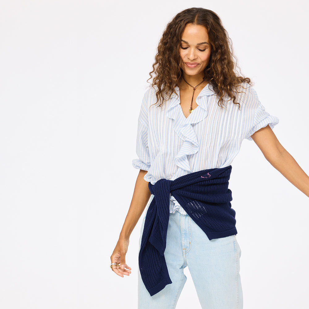 Malibu navy blue sweater in 100% cotton with light blue blouse - Shop women's navy sweater & tops by Kerri Rosenthal