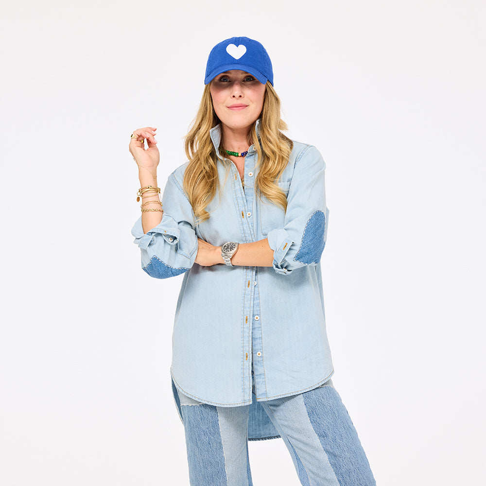 KR heart baseball hat in 100% cotton with light blue denim shirt - Shop women's cute baseball cap hats by Kerri Rosenthal