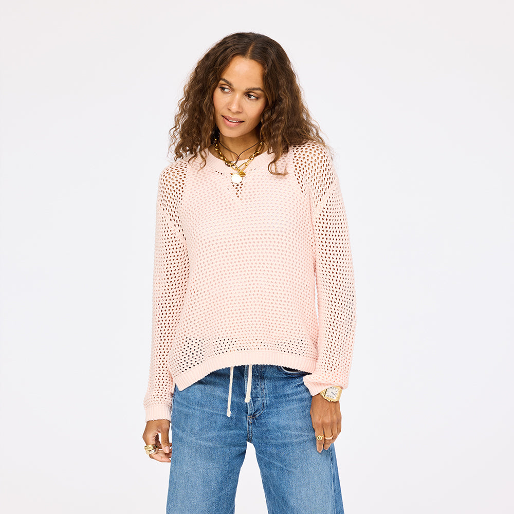 Catch open stitch light pink sweater in 100% cotton with heart elbows - Shop women's cute sweaters by Kerri Rosenthal