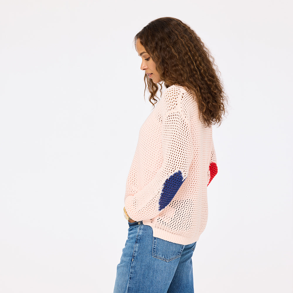 Catch open stitch pink knit sweater in 100% cotton with heart elbows - Shop women's cute sweaters by Kerri Rosenthal