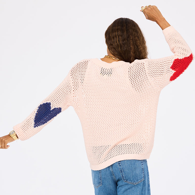 Catch open stitch baby pink sweater in 100% cotton with heart elbows - Shop women's cute sweaters by Kerri Rosenthal