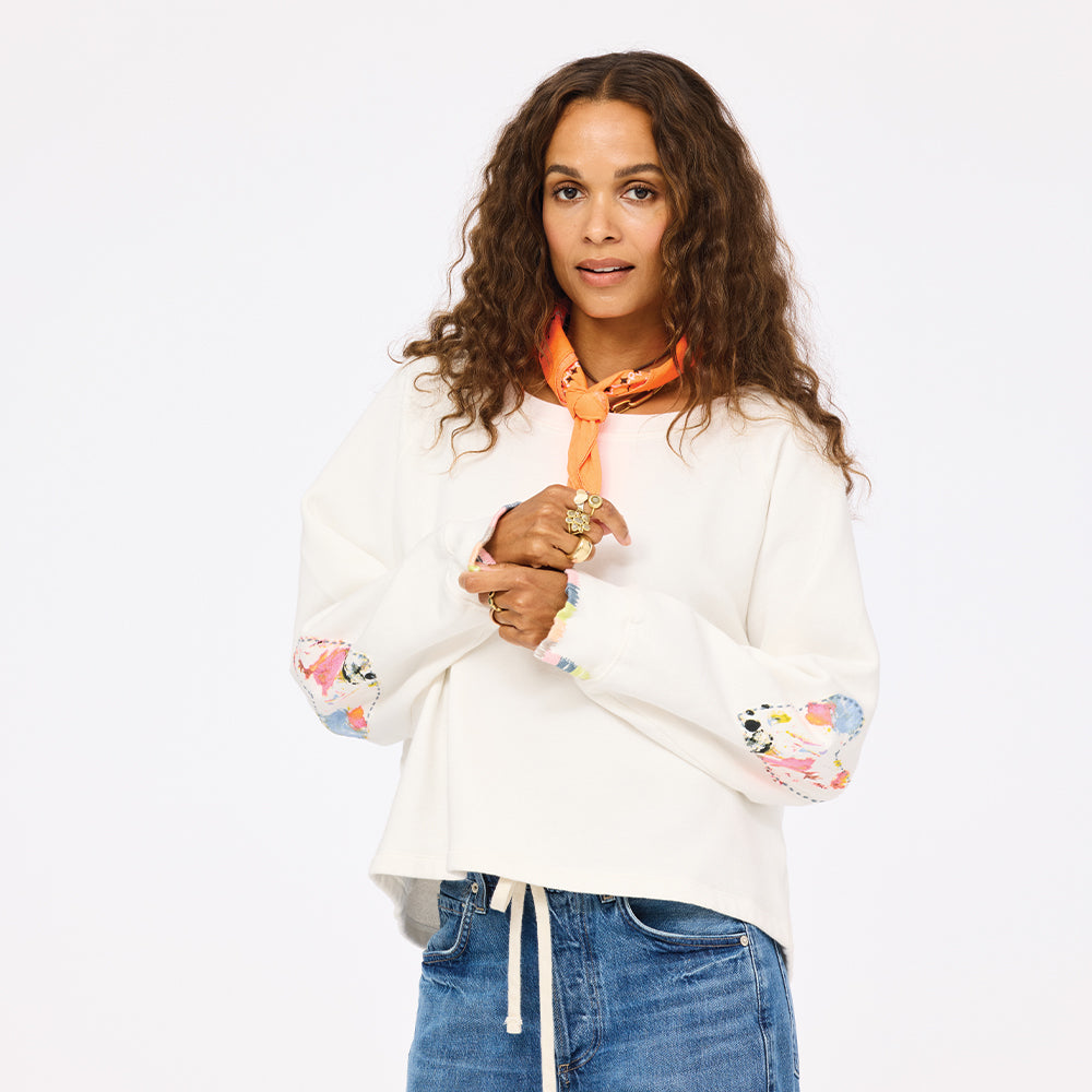 Studio white sweatshirt with heart elbow patches in cotton - Shop women’s white crew neck sweatshirts by Kerri Rosenthal