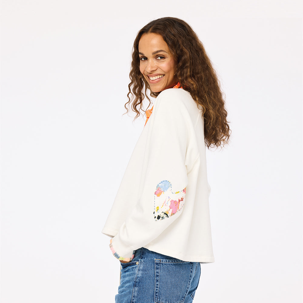 Studio white womens designer sweatshirt with heart elbow patches - Shop white crew neck sweatshirts by Kerri Rosenthal